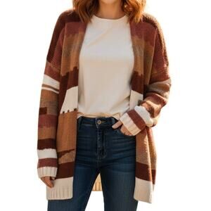 Elsamanda Aztec Print Drape Cardigan Womens Medium Brown Colorblock Layer Topper